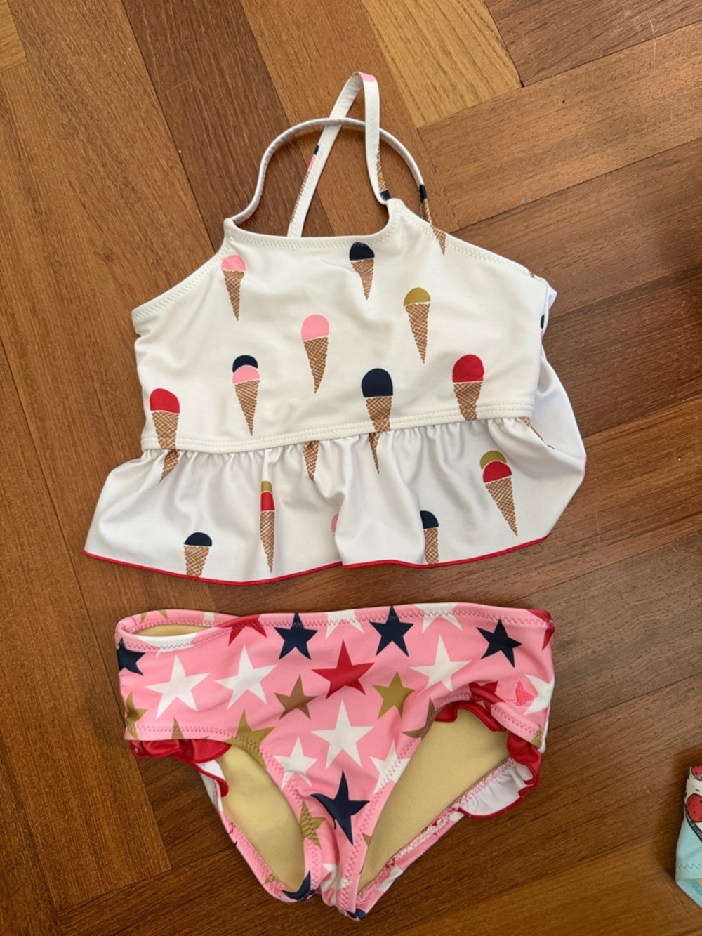 Pink Chicken Girls Cream Ice Cream Ruffle Tankini with Pink Star Bikini Bottoms
